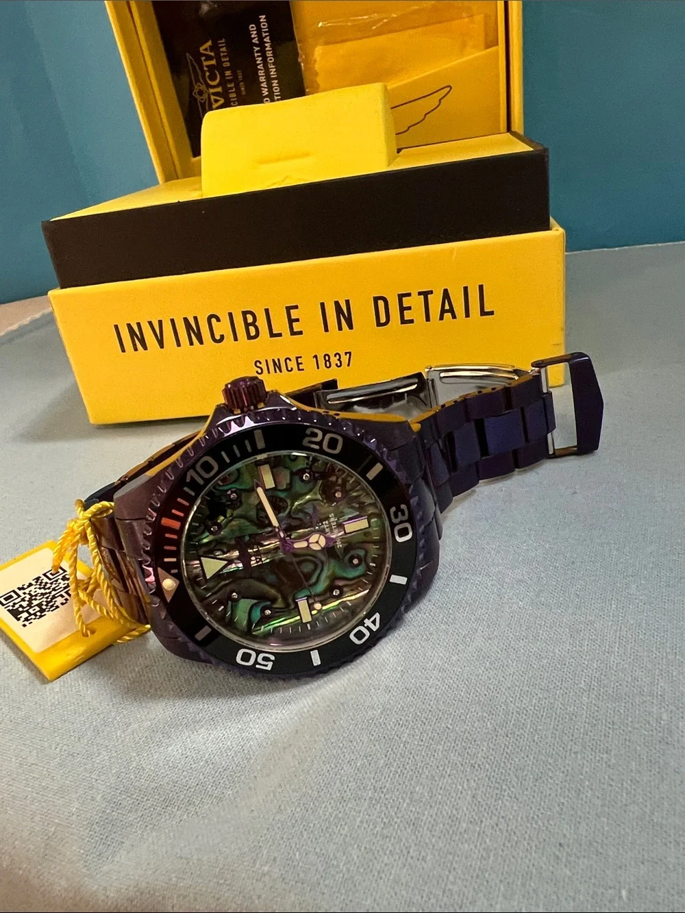 Invicta Men's Watch with Iridescent Green Abalone Face & Dark Purple Steel Band